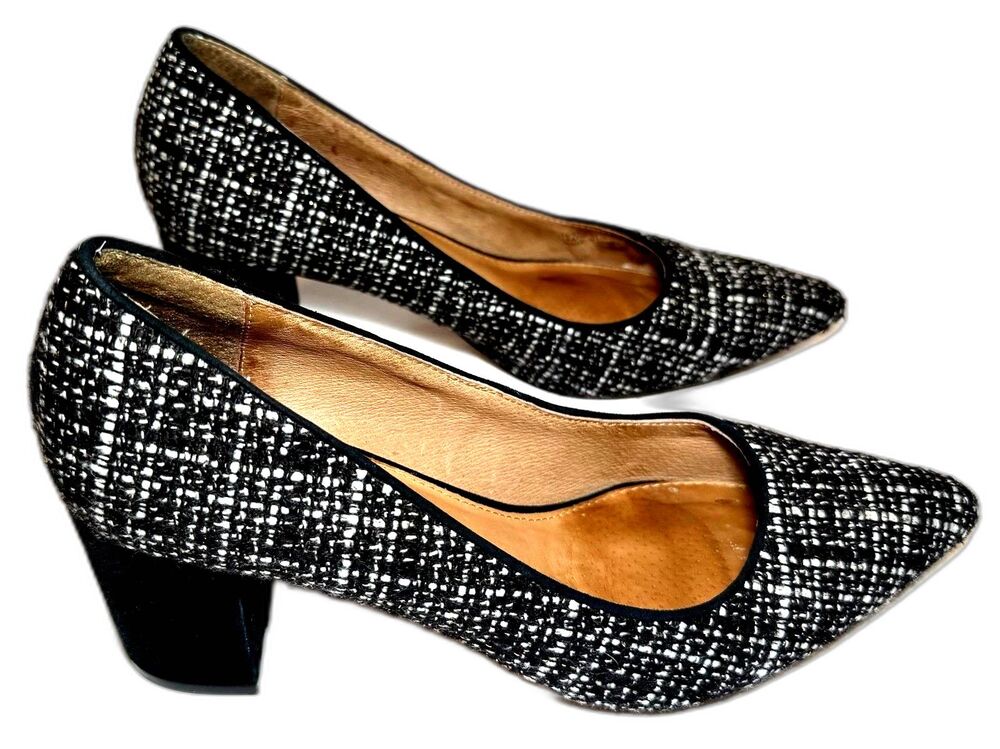 Corso Como Regina Tweed Pumps Black White Pointed Toe Block Heel 8.5M Leather